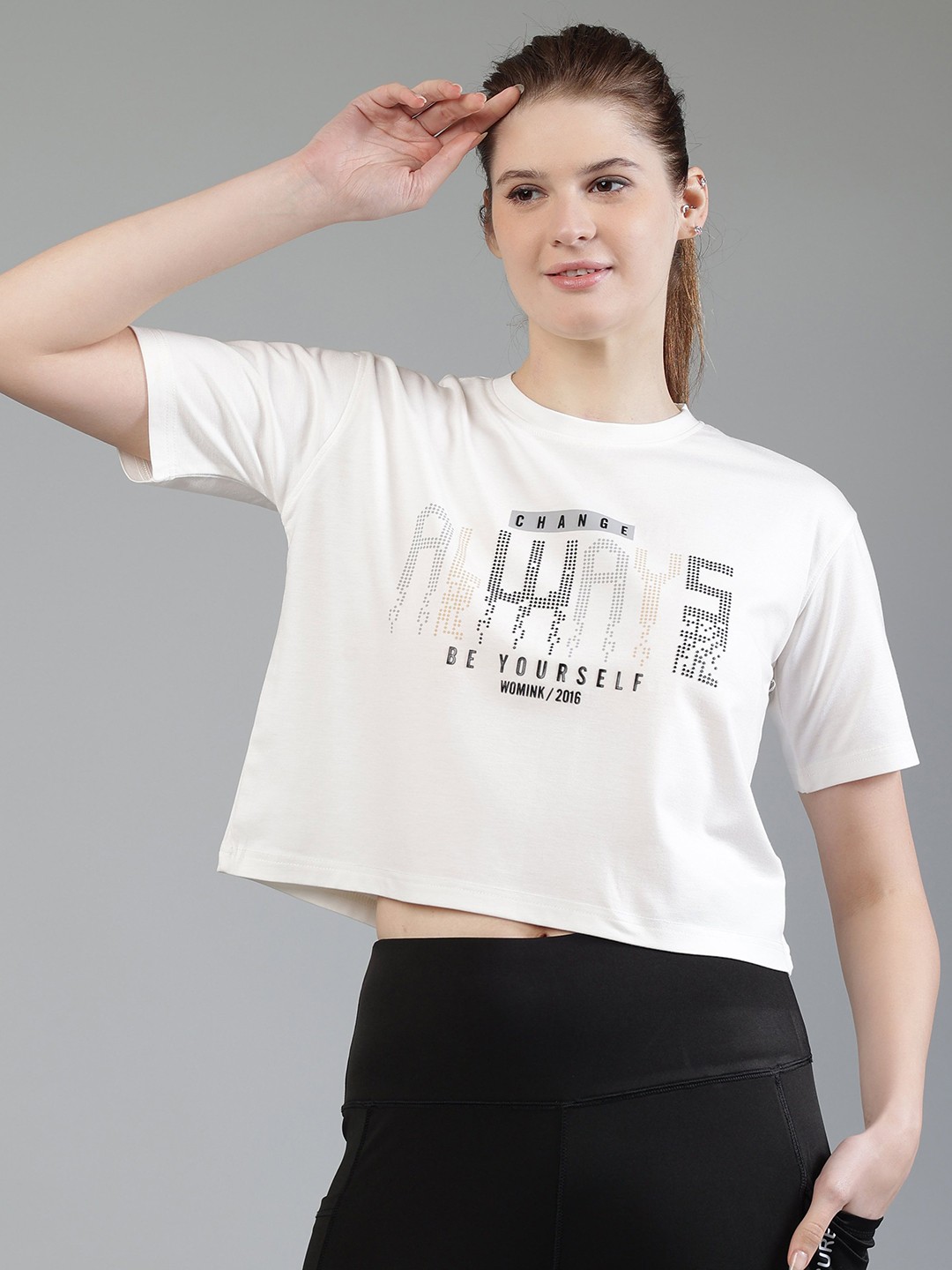 

WOMINK Women Printed Drop-Shoulder Sleeves Ultralite Applique T-shirt, White