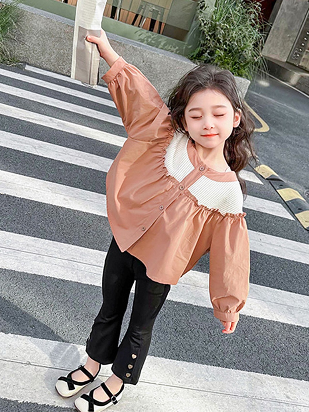 

LULU & SKY Girls Round Neck Top With Trousers, Brown