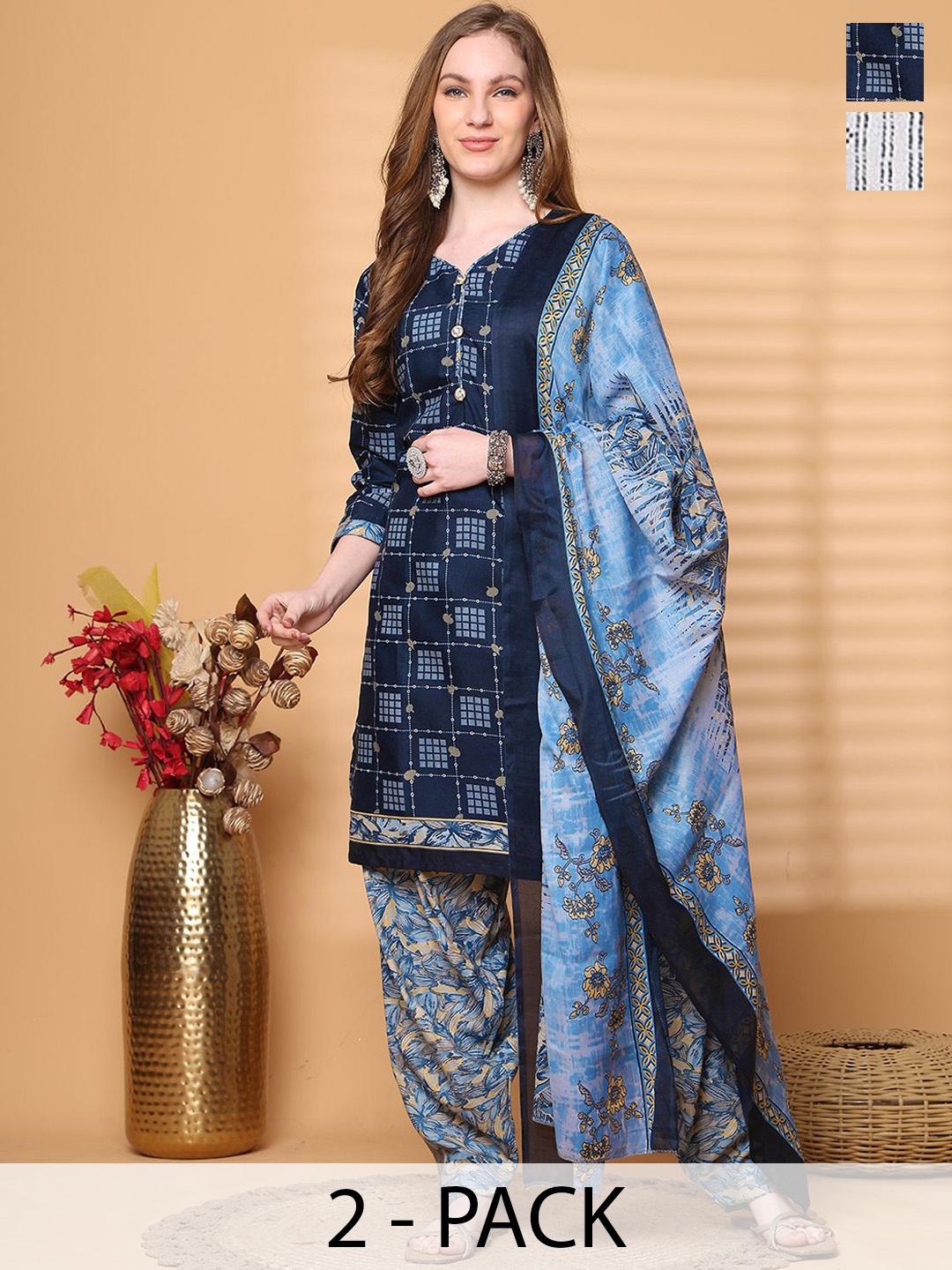 

Rajnandini Selection Of 2 Geometric Printed V-Neck Straight Kurtas With Salwars & Dupattas, Navy blue