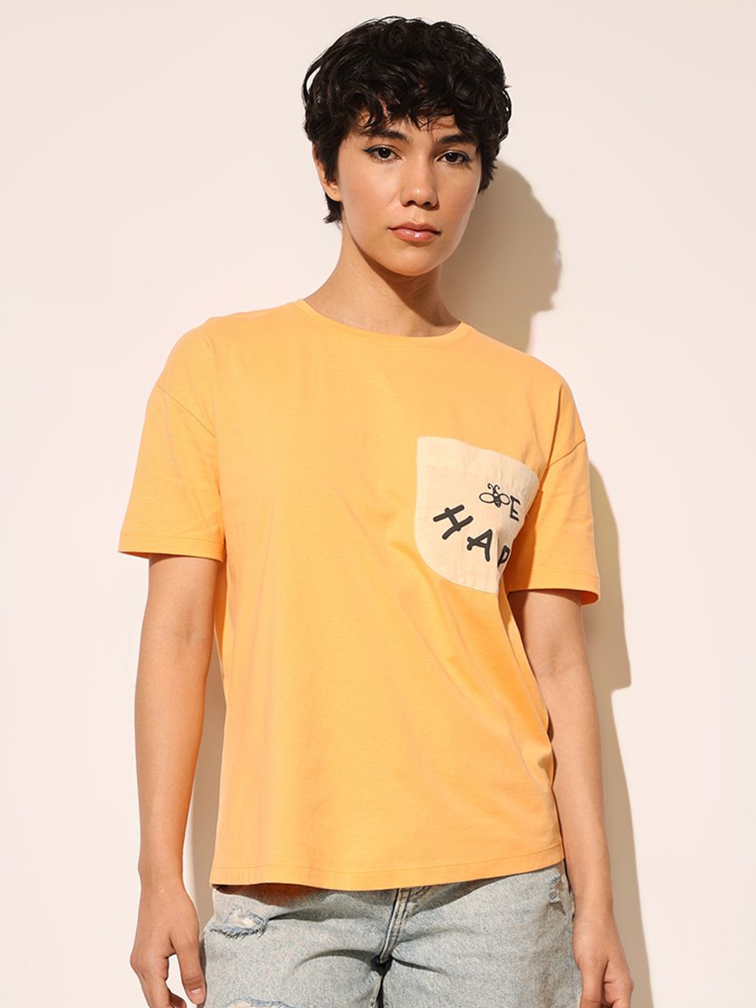 

ONLY Women Typography Printed Pockets T-shirt, Orange