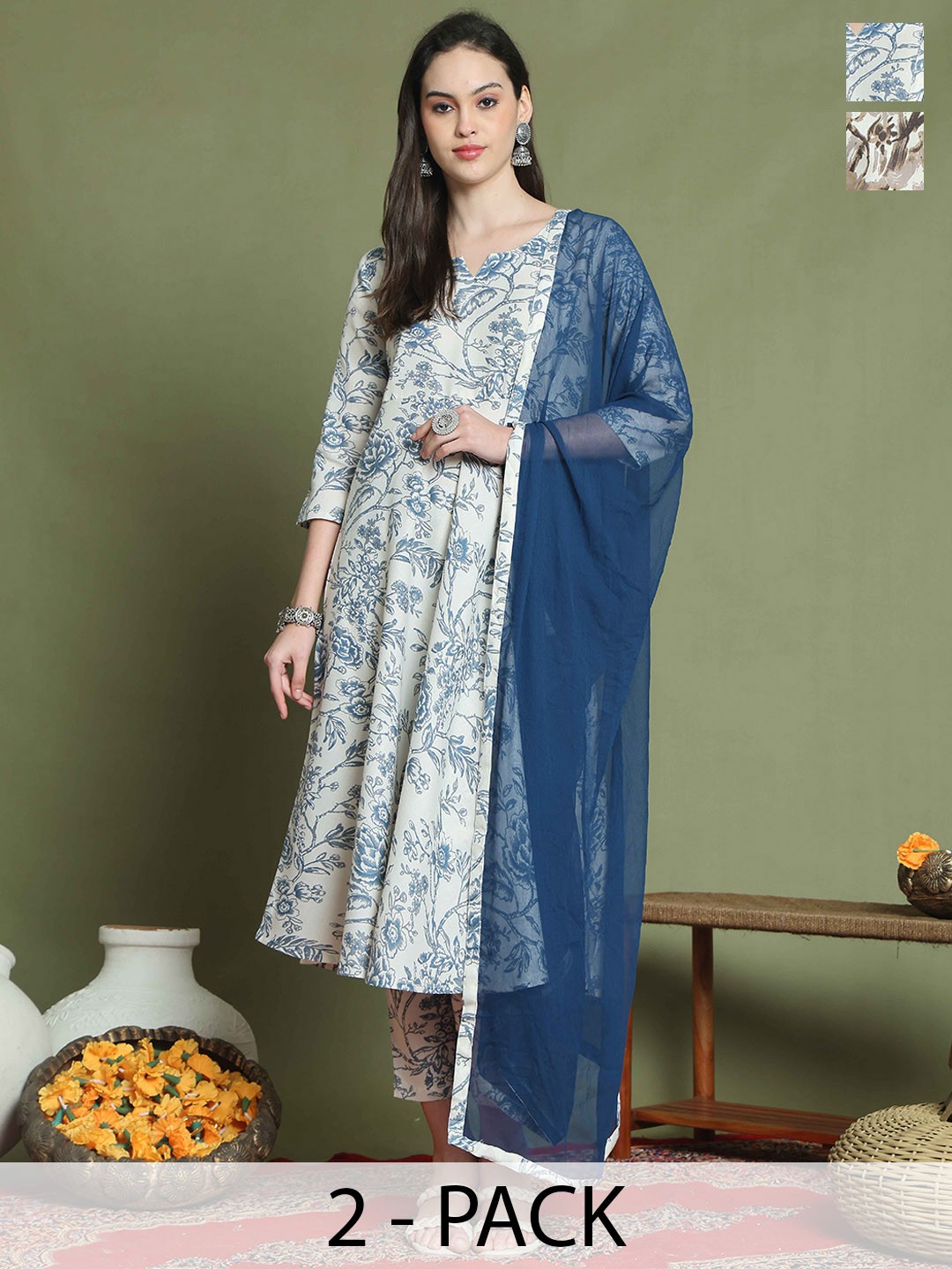 

KALINI Women Floral Printed Regular Kurti with Trousers & With Dupatta, Off white