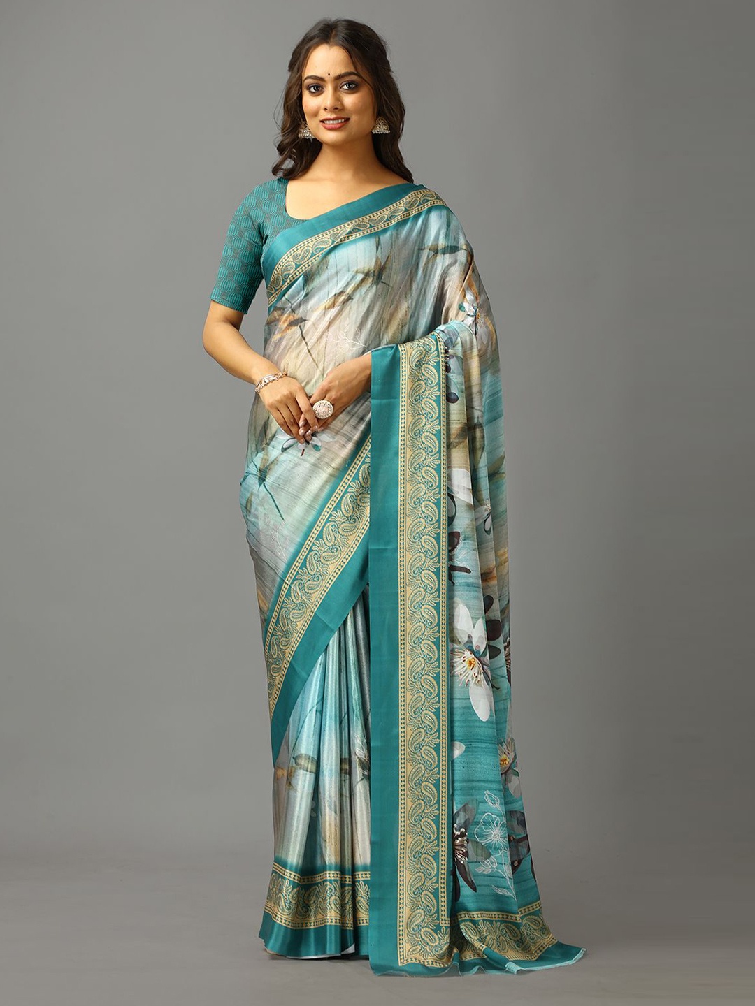 

A.V.M. SILK MILLS Floral Pure Crepe Saree, Green