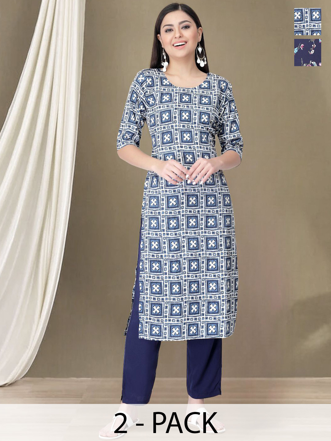 

Moda Rapido Selection Of 2 Geometric Printed Round Neck Straight Kurta With Trousers, White