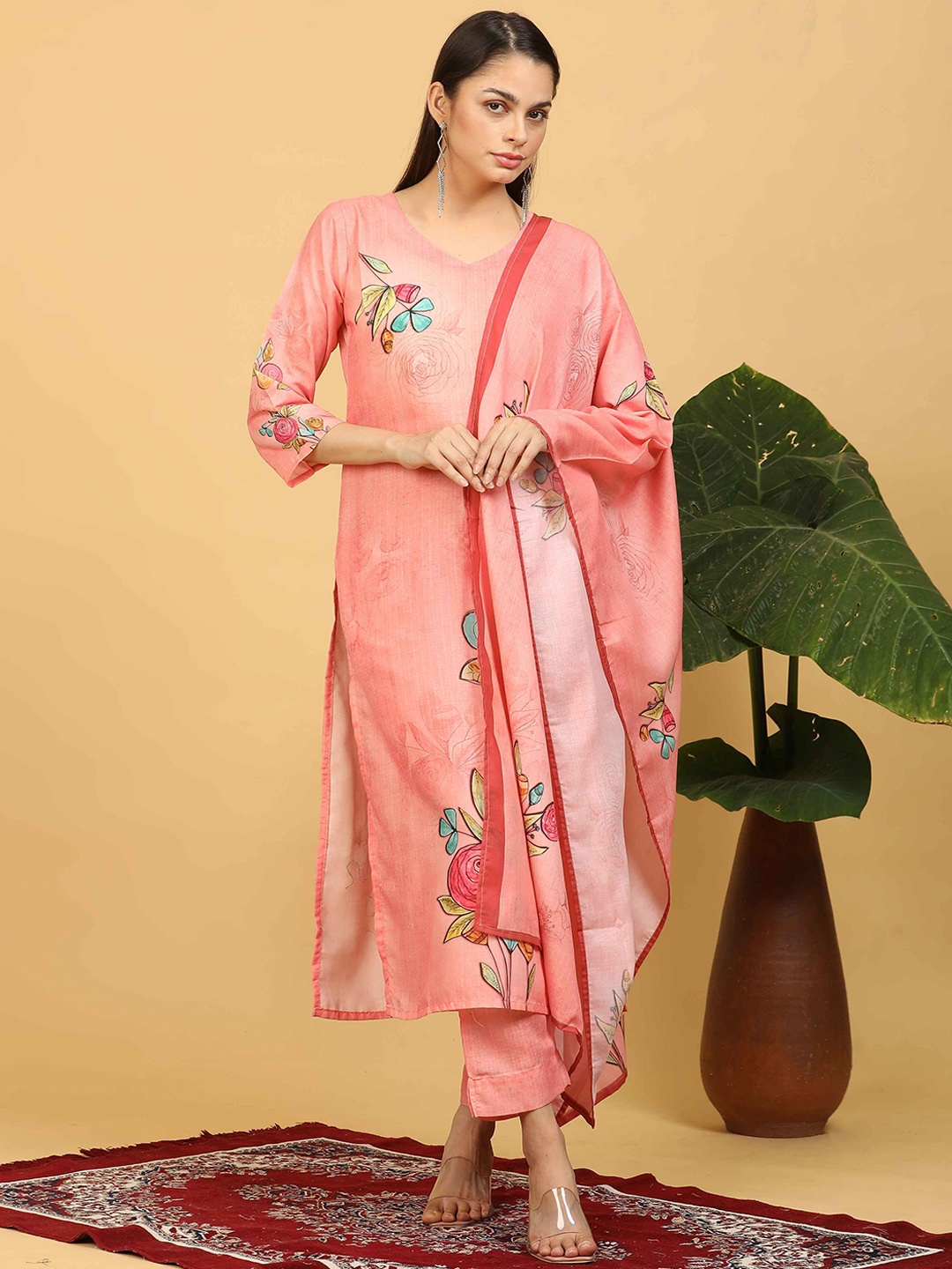 

GOLDSTROMS Women Floral Printed Regular Linen Kurta with Trousers & With Dupatta, Peach