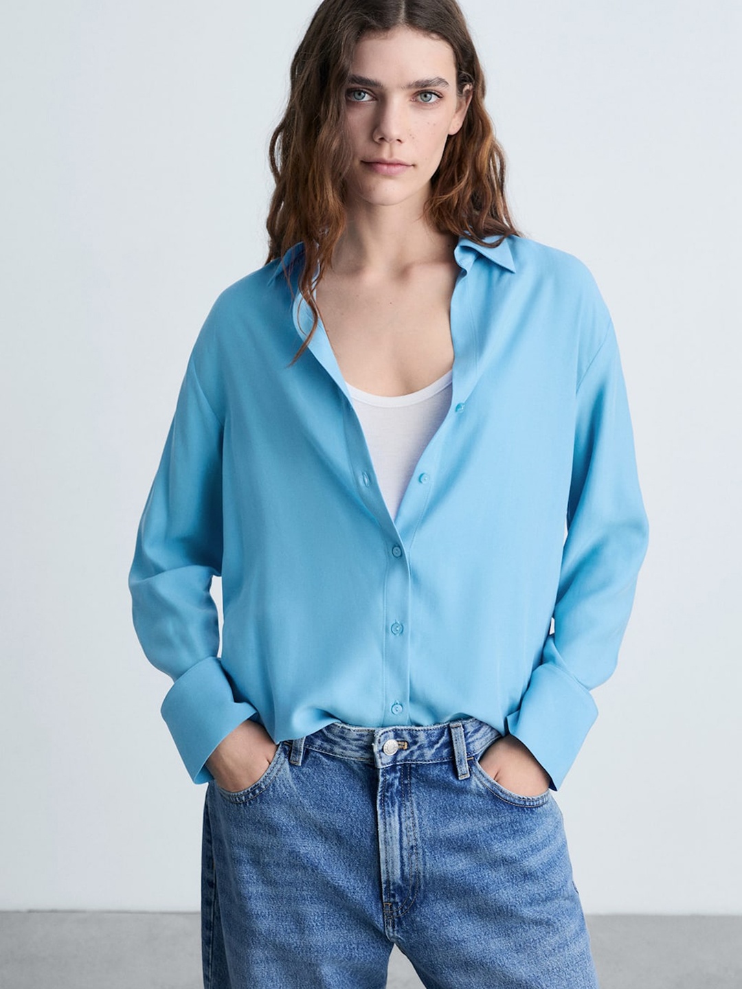 

MANGO Drop-Shoulder Sleeve Fluid Casual Shirt, Blue