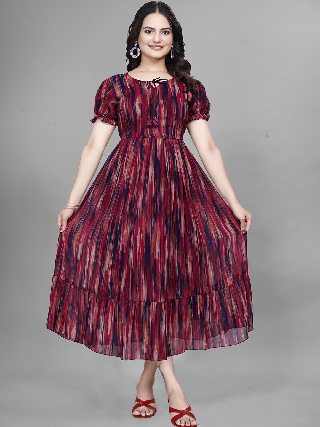 

QENA Print Puff Sleeve Georgette Fit & Flare Midi Dress, Red