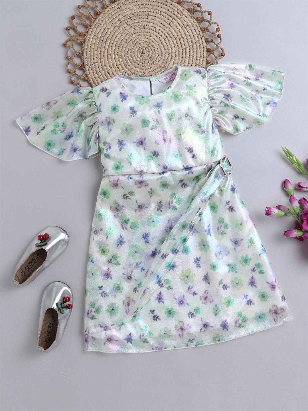 

ZACKBEE Polka Dot Print Flutter Sleeve Fit & Flare Dress, Multi
