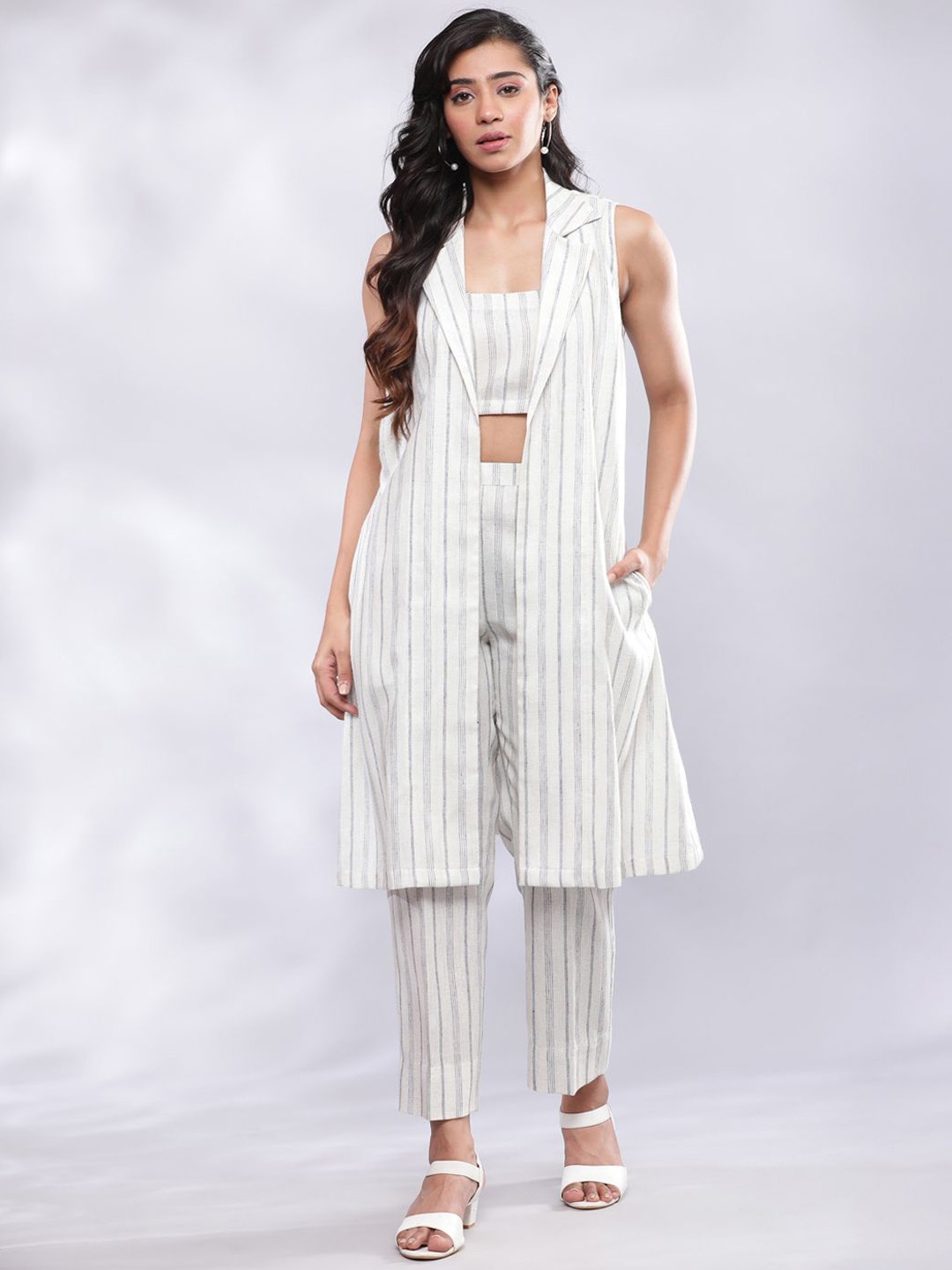 

BohoJazz Striped Linen Three Piece Co-ord Set, White