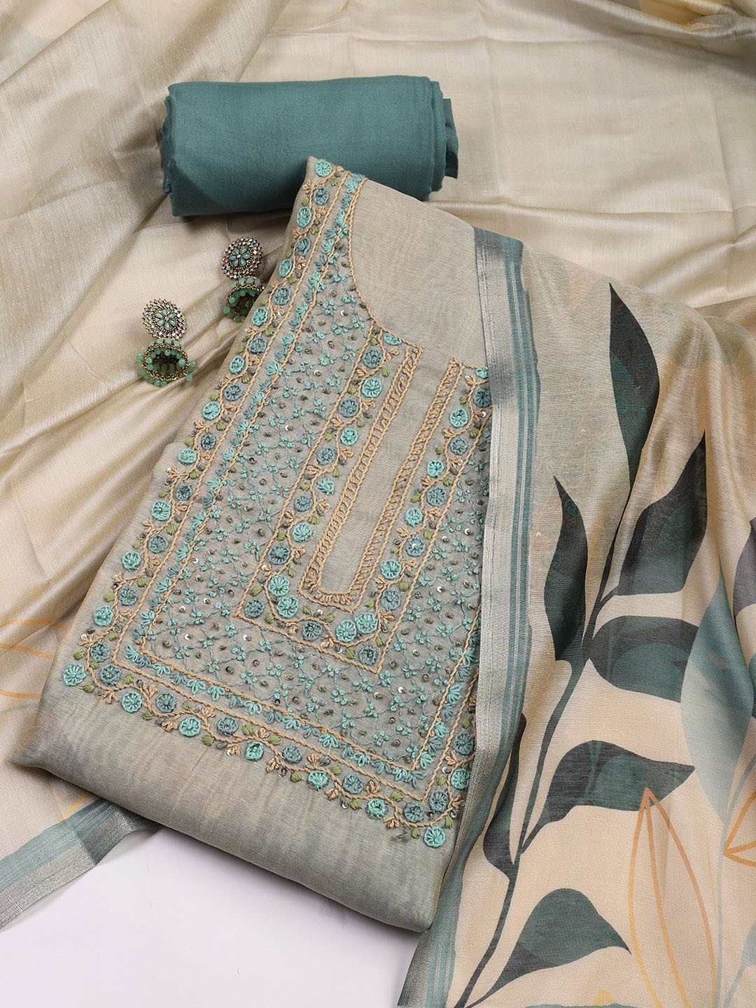 

Meena Bazaar Embroidered Art Silk Unstitched Dress Material, Green