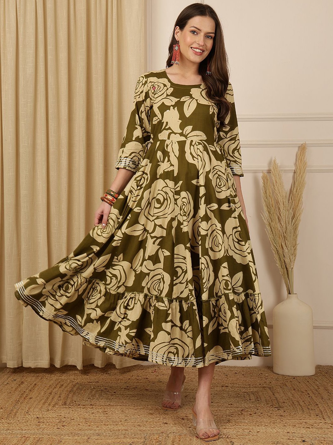

NISHABD Floral Printed Cotton Anarkali Kurta, Green