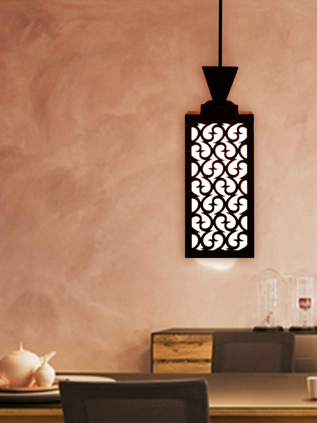 

Gojeeva Black & White Textured Wooden Rectangle Shaped Ceiling Lamp