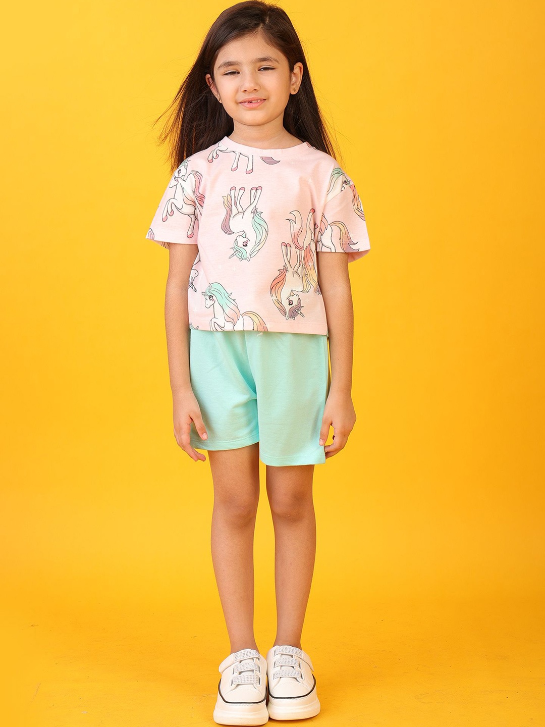 

Anthrilo Girls Unicorn Printed Pure Cotton T-shirt with Shorts, Pink