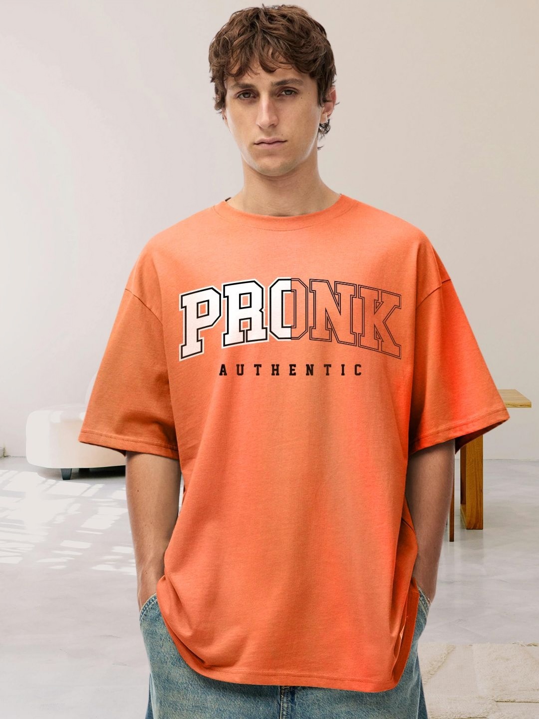 

PRONK Men Typography Printed Applique T-shirt with Mask, Orange