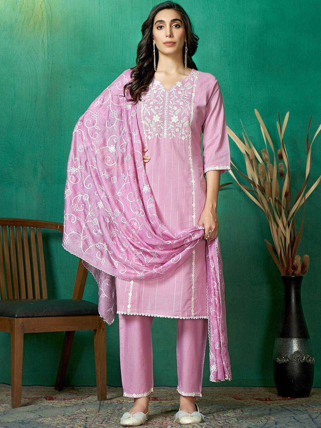 

Sangria Embroidered Pure Cotton Round Neck Kurta Trouser & Dupatta, Pink