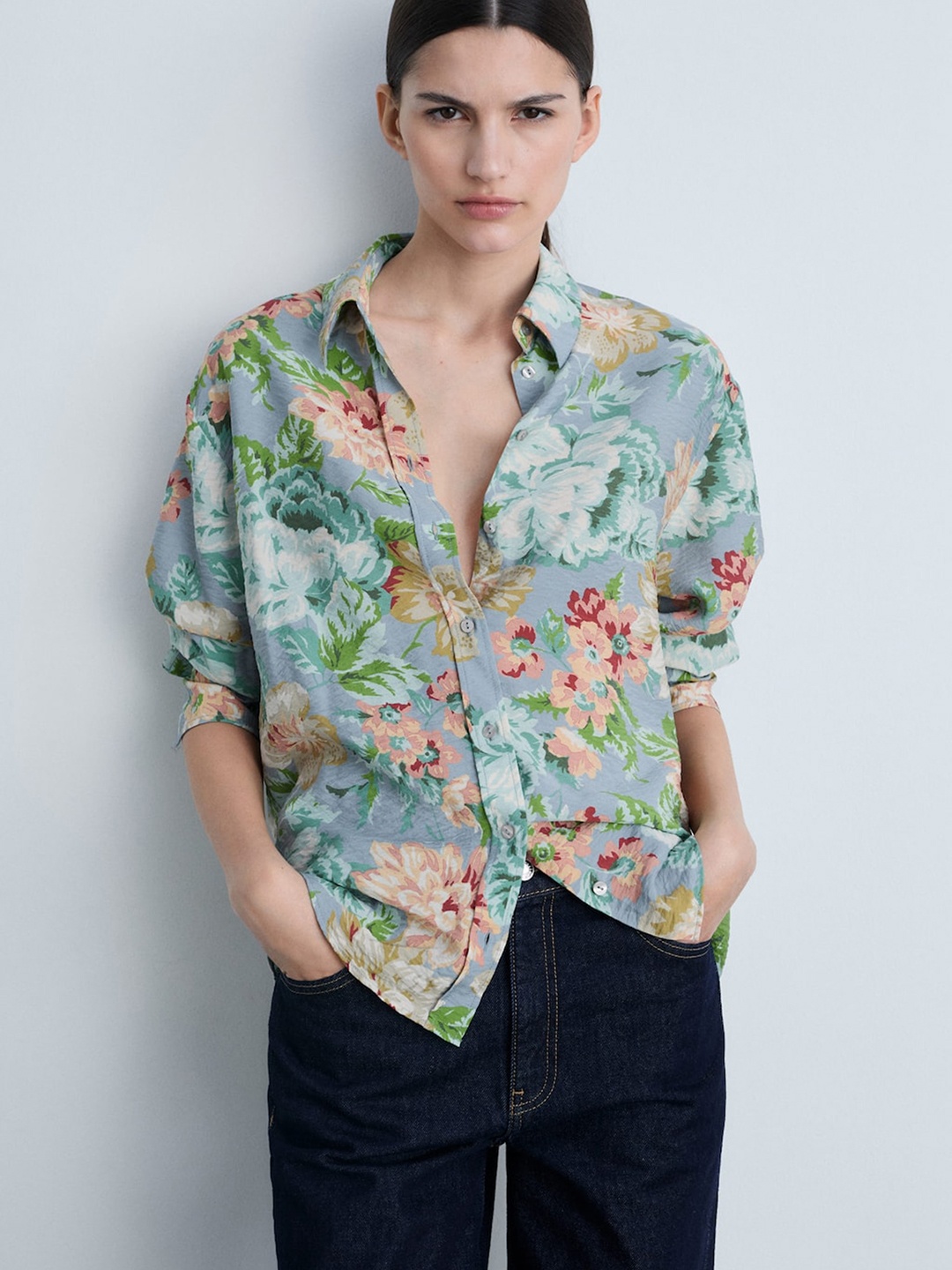 

MANGO Floral Print Regular Fit Casual Shirt, Blue