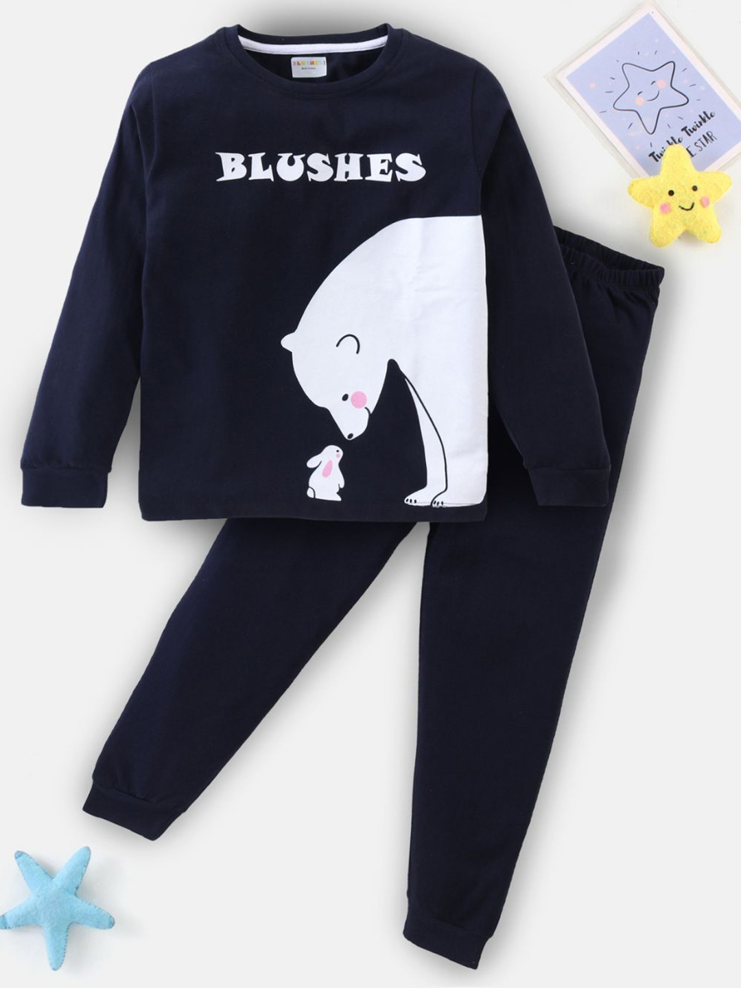 

BLUSHES Kids Printed Round Neck Pure Cotton T-Shirt With Jogger, Navy blue