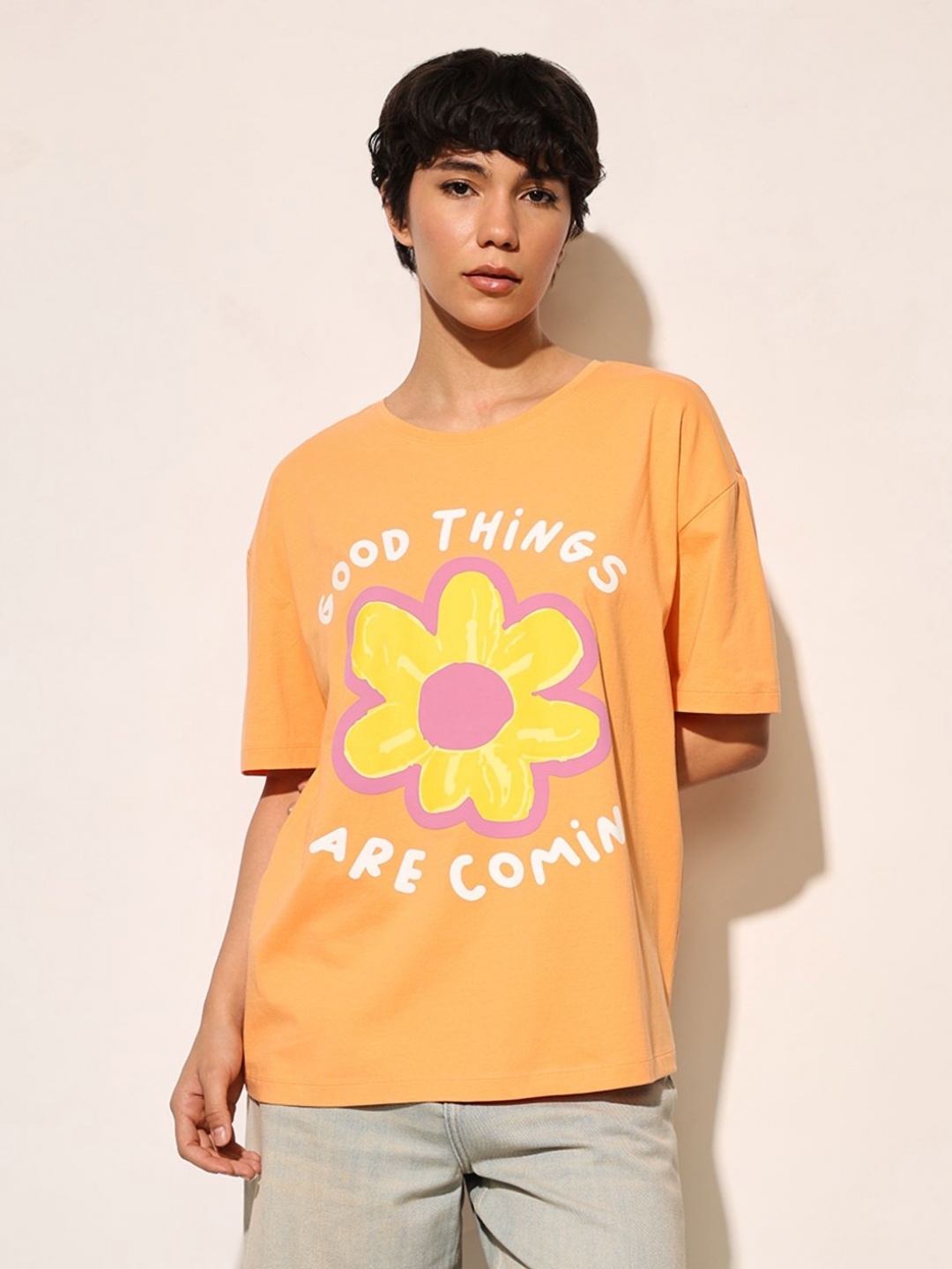 

ONLY Women Typography Printed Drop-Shoulder Sleeves T-shirt, Orange