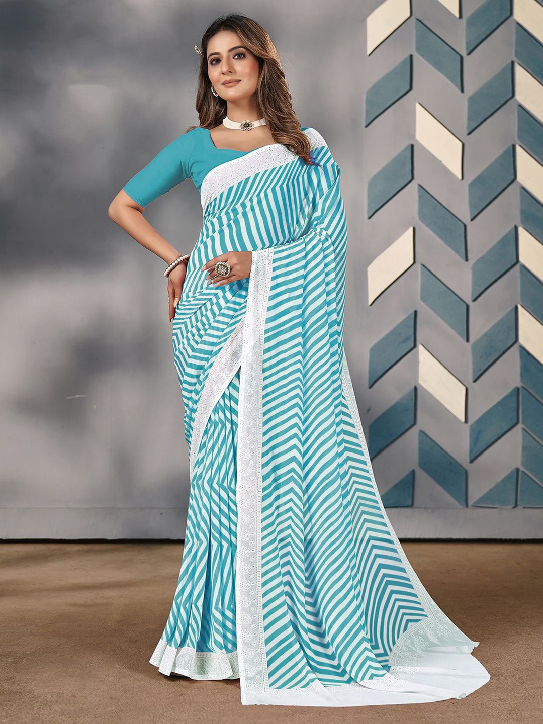 

Anouk Rustic Striped Embroidered Poly Georgette Saree, Blue
