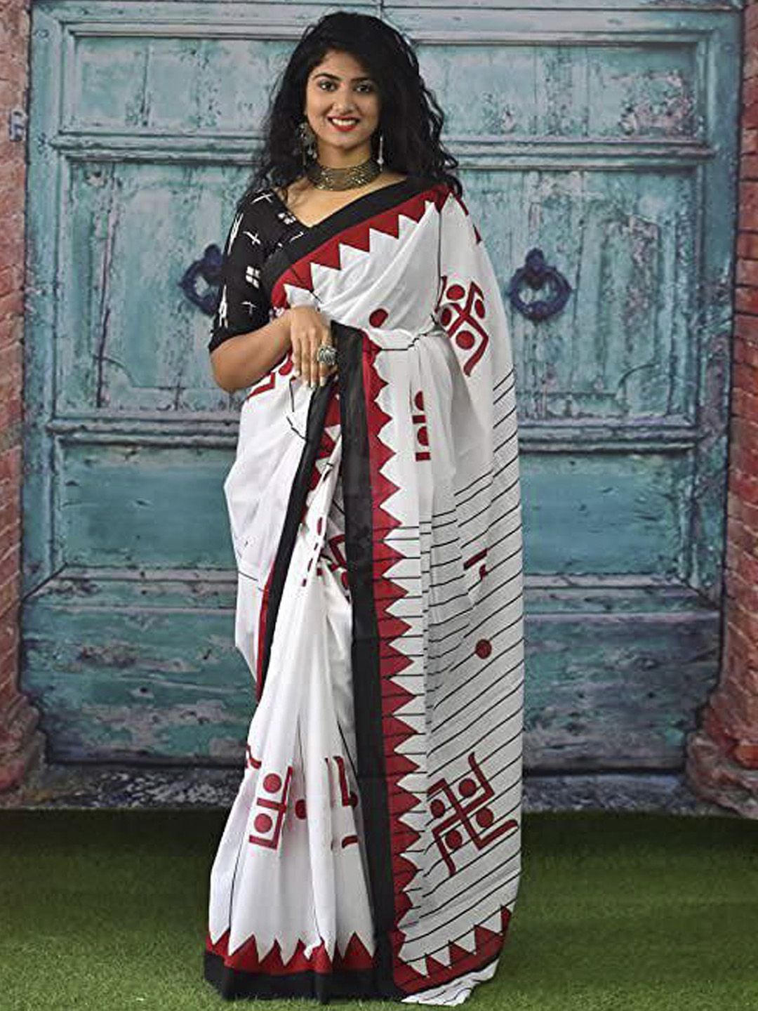 

Anouk Rustic Block Print Saree, White