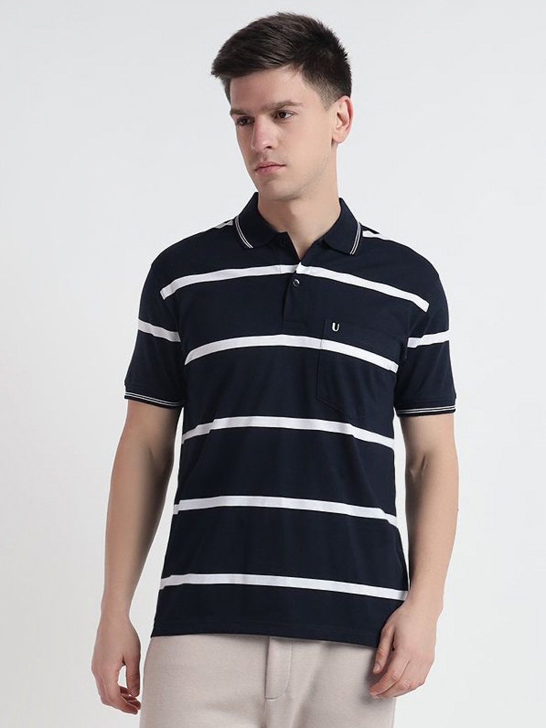 

UNIBERRY Men Striped Polo Collar T-shirt, Navy blue