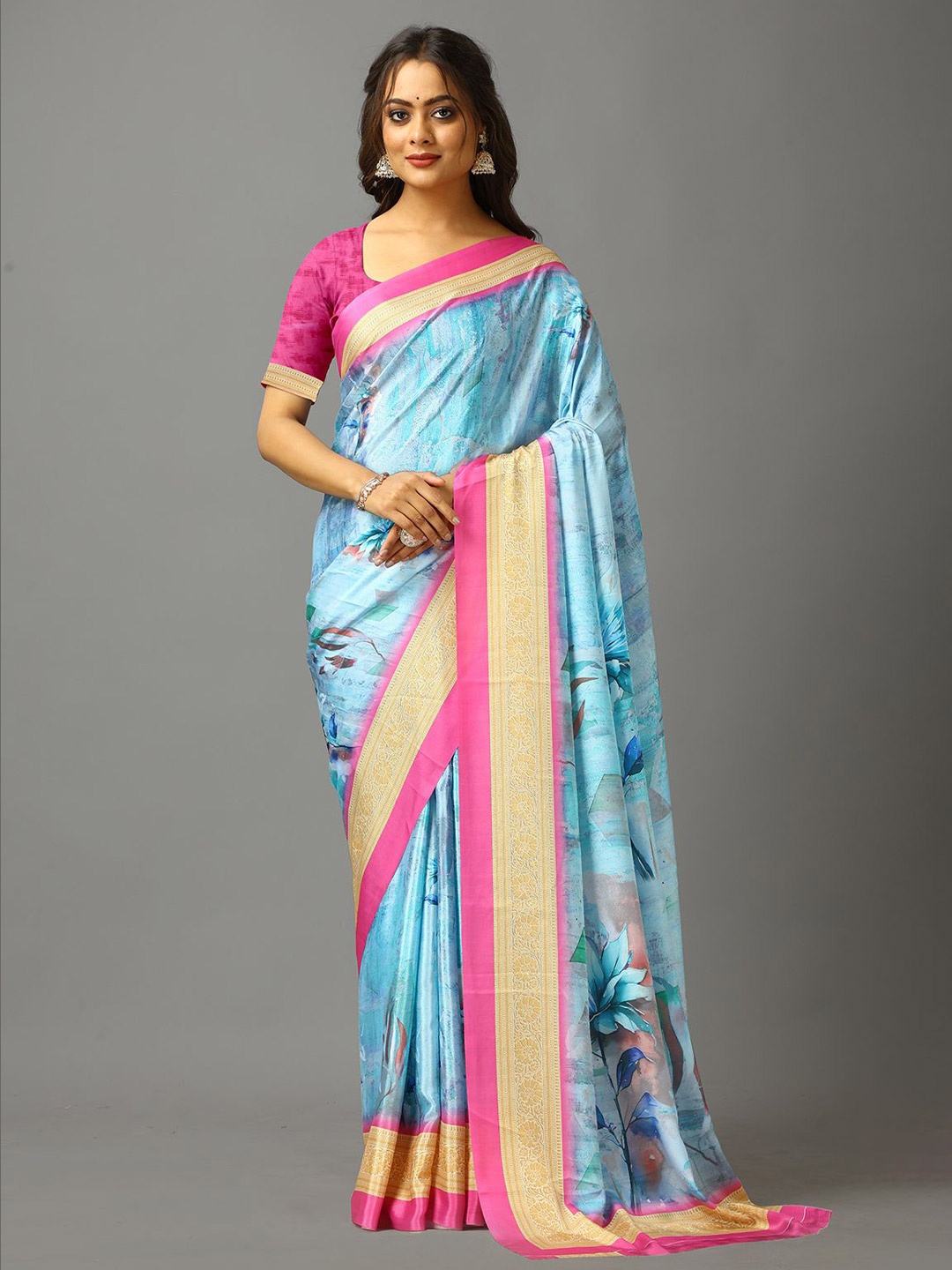 

A.V.M. SILK MILLS Floral Pure Crepe Saree, Pink