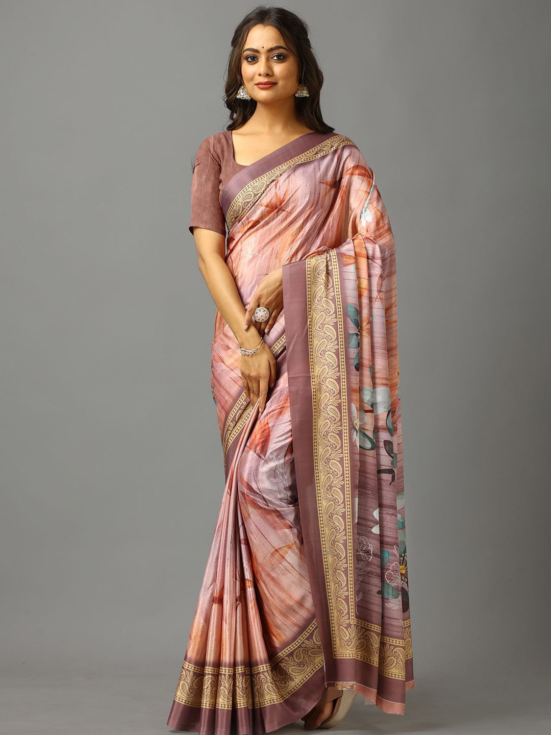 

VIRENDRA TEXTILES Floral Pure Crepe Saree, Pink