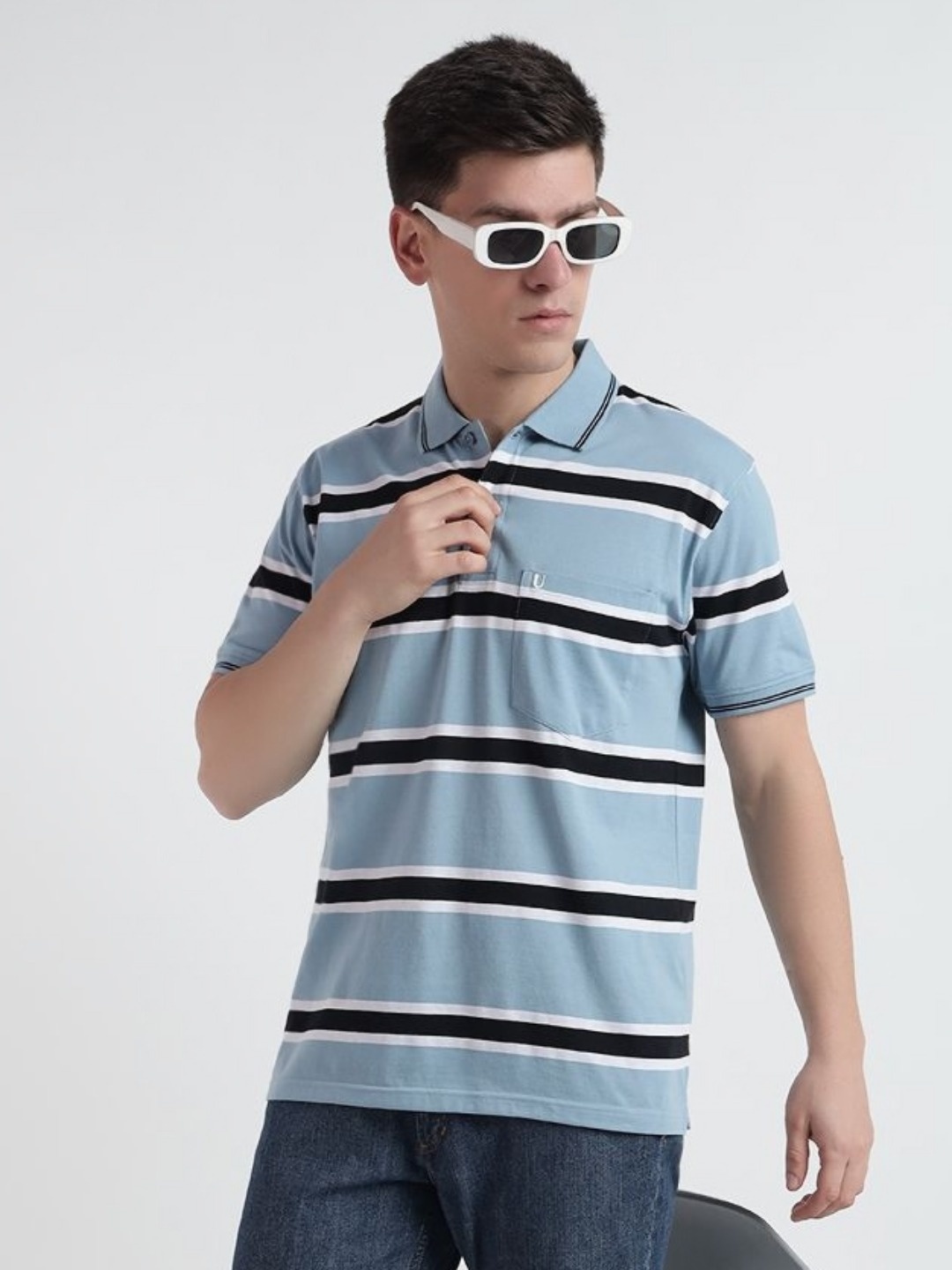 

UNIBERRY Men Striped Polo Collar T-shirt, Blue