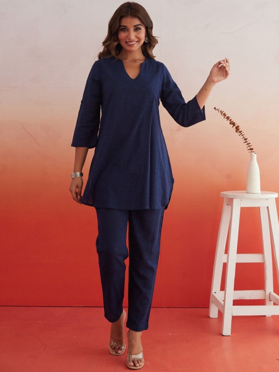

AUTUMN LANE V Neck Pure Cotton Top With Trouser, Navy blue