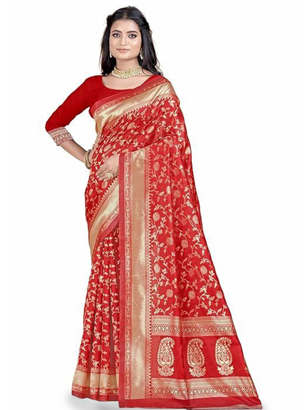 

SAADHVI Woven Design Zari Pure Silk Kanjeevaram Saree, Red