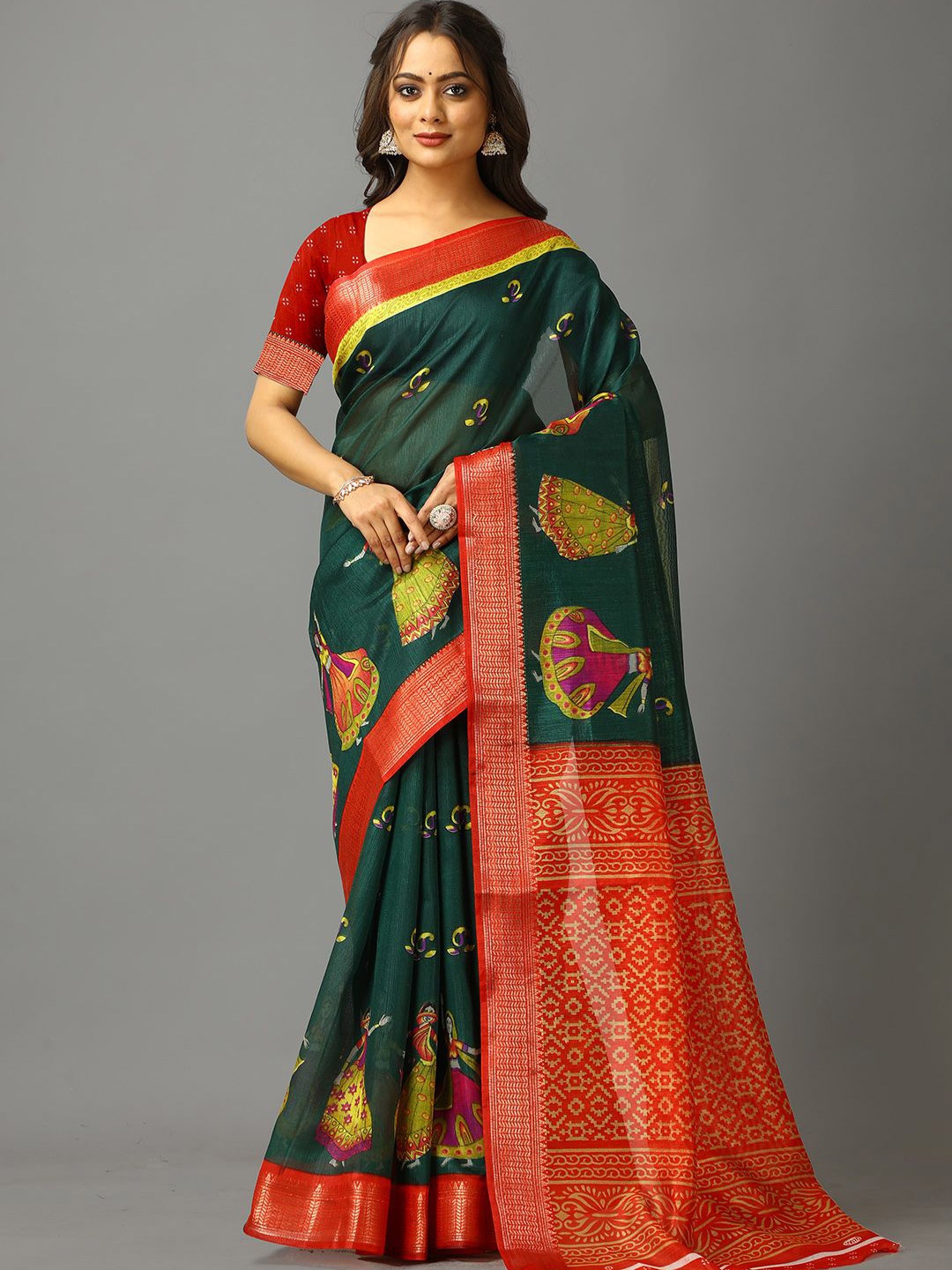 

VIRENDRA TEXTILES Ethnic Motifs Saree, Green