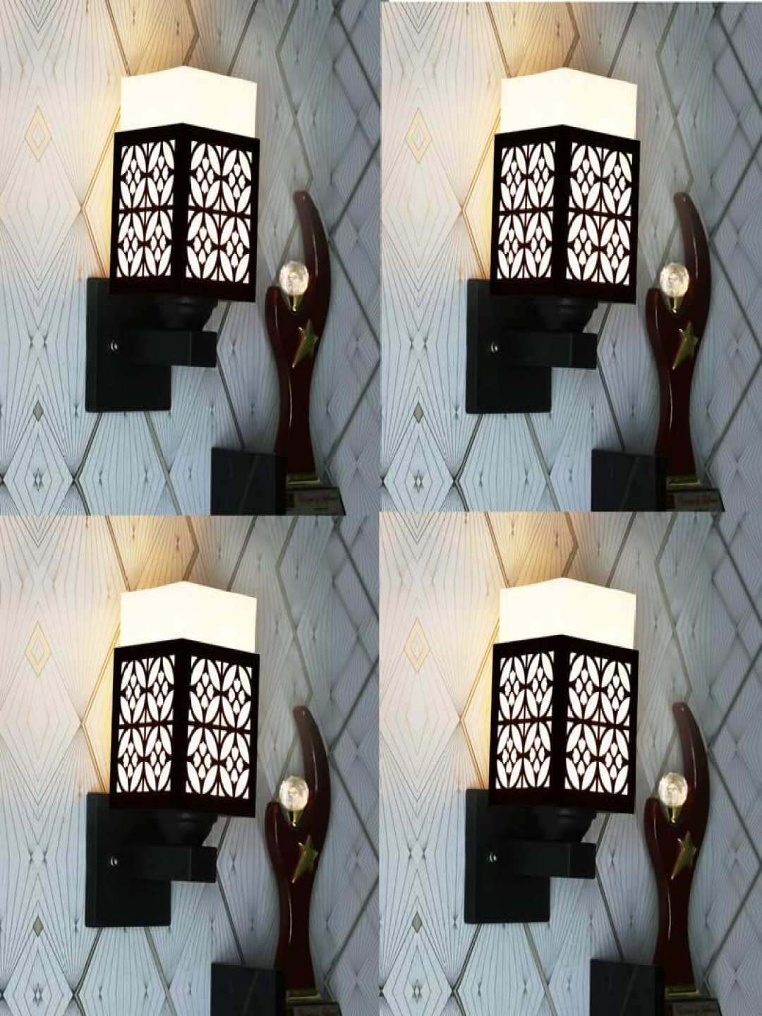 

Gojeeva Black & White 4 Pieces Textured Wooden Rectangle Shaped Wall Lamps