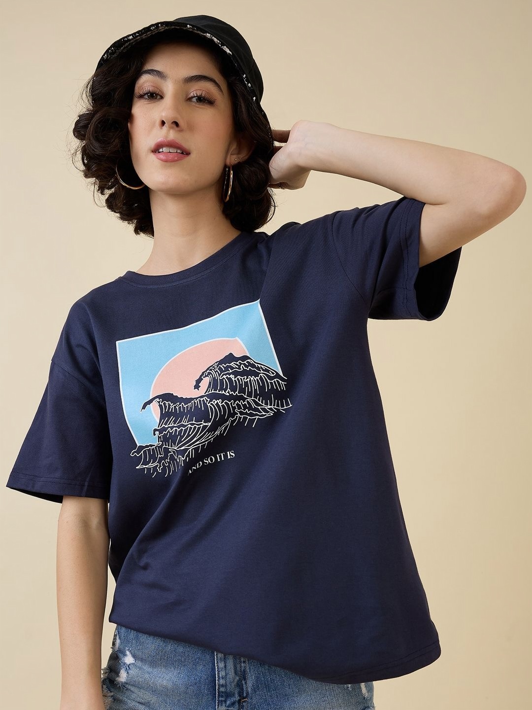 

Mast & Harbour Women Printed Cut Outs T-shirt, Navy blue