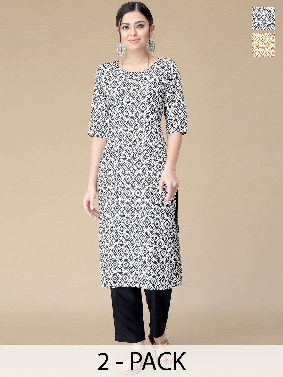 

Moda Rapido Selection Of 2 Geometric Printed Round Neck Straight Kurta With Trousers, White