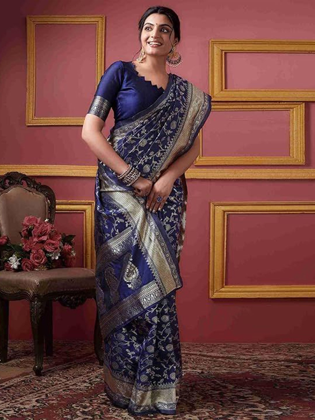 

Florence Woven Design Zari Pure Silk Kanjeevaram Saree, Navy blue