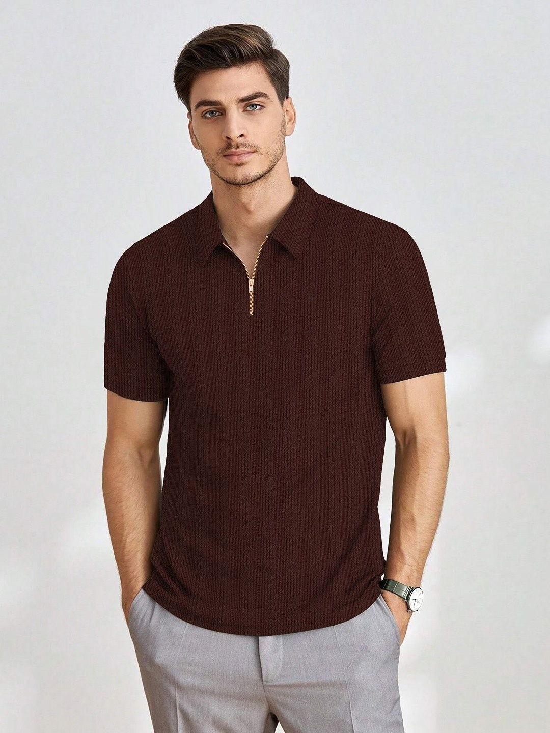 

KAJARU Men Polo Collar 3D Chassis T-shirt, Brown