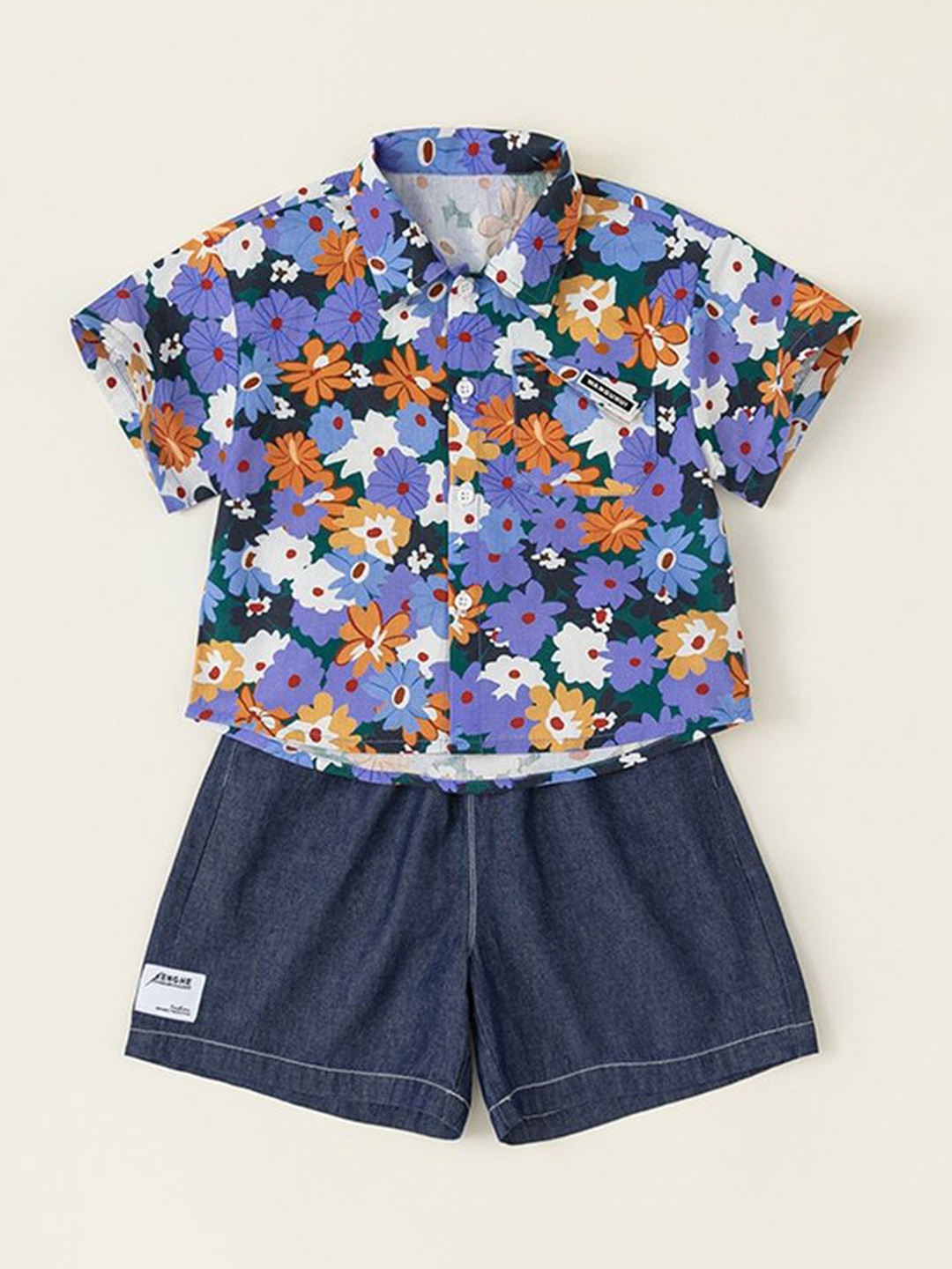 

LULU & SKY Boys Floral Printed Shirt with Shorts, Purple