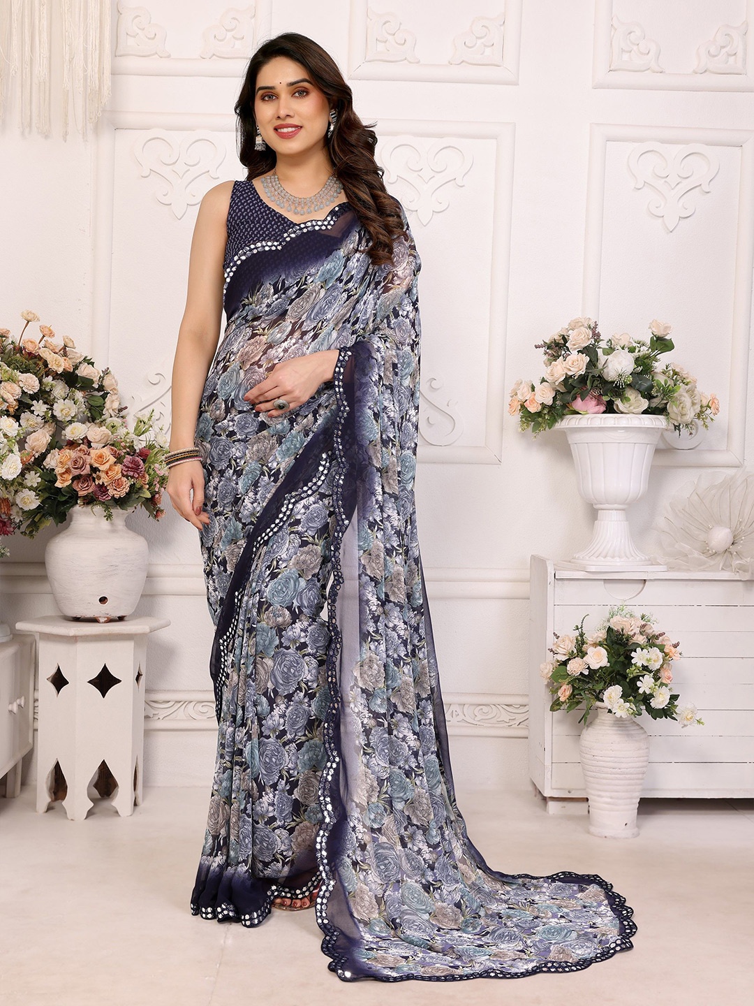 

Moda Rapido Floral Mirror Work Pure Georgette Saree, Blue