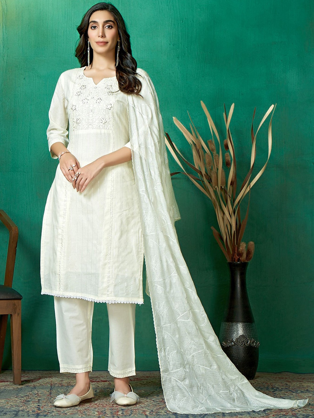

Sangria Embroidered Pure Cotton Sweetheart Neck Kurta Trouser & Dupatta Set, Cream