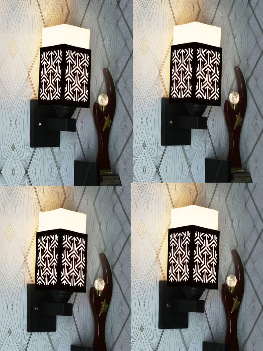 

Gojeeva Black and White 4 Pieces Textured Wooden Square Shaped Wall Lamps