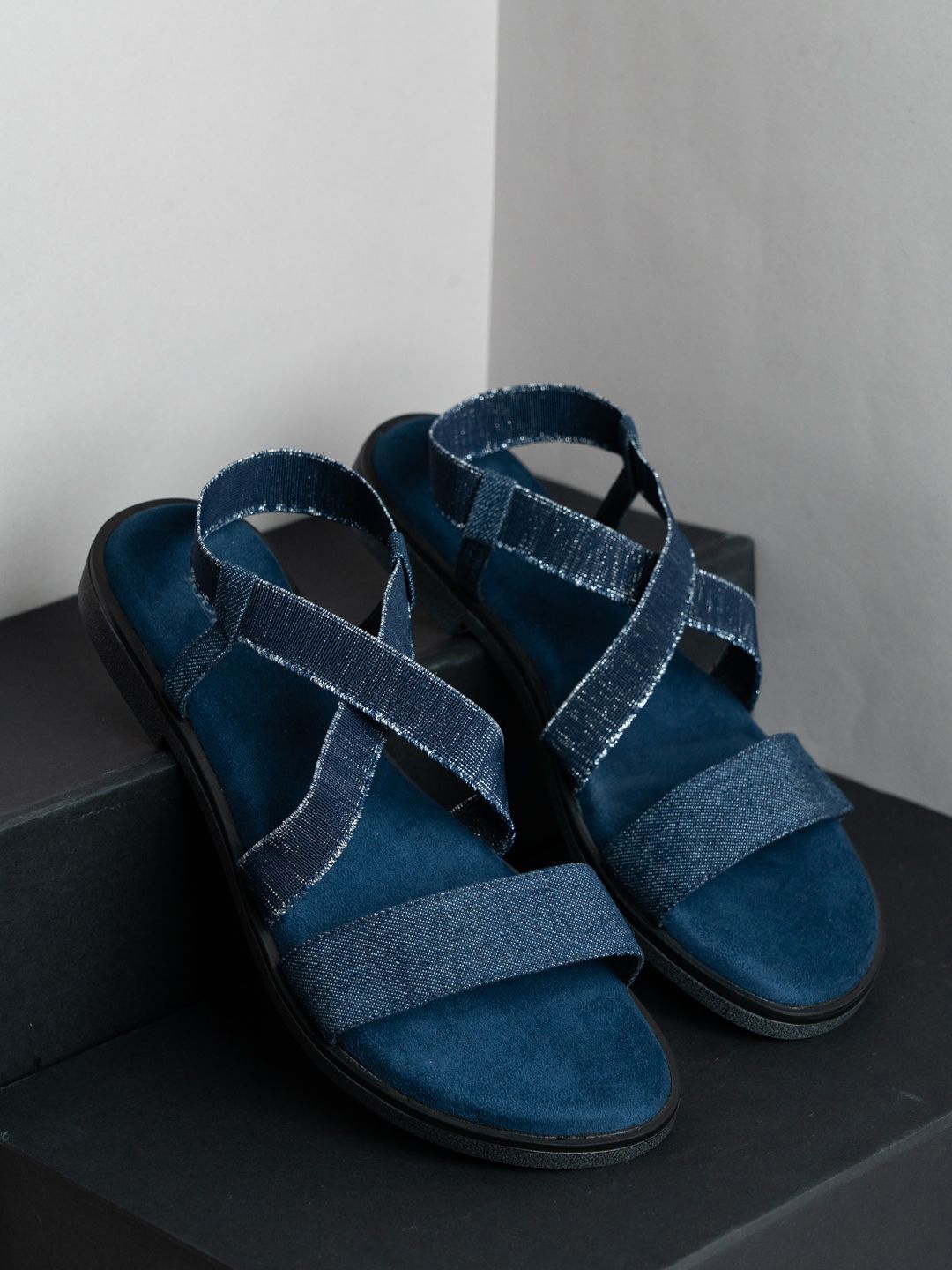 

Inc 5 Women Striped Open Toe Flats with Buckles, Blue