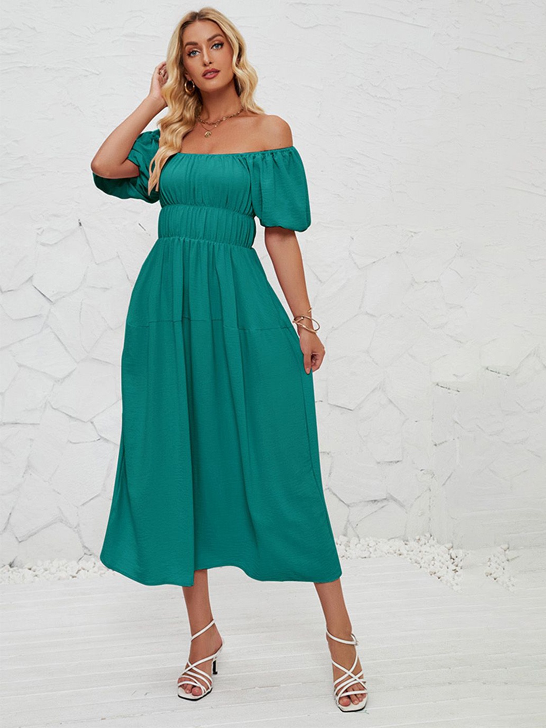 

JC Mode Off-Shoulder Fit & Flare Midi Dress, Green