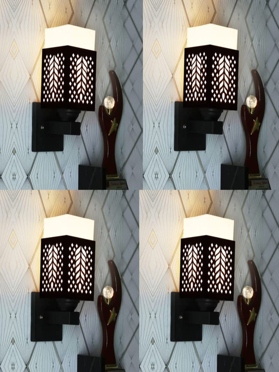 

Gojeeva Black & White 4 Pieces Textured Wooden Square Shaped Wall Lamps