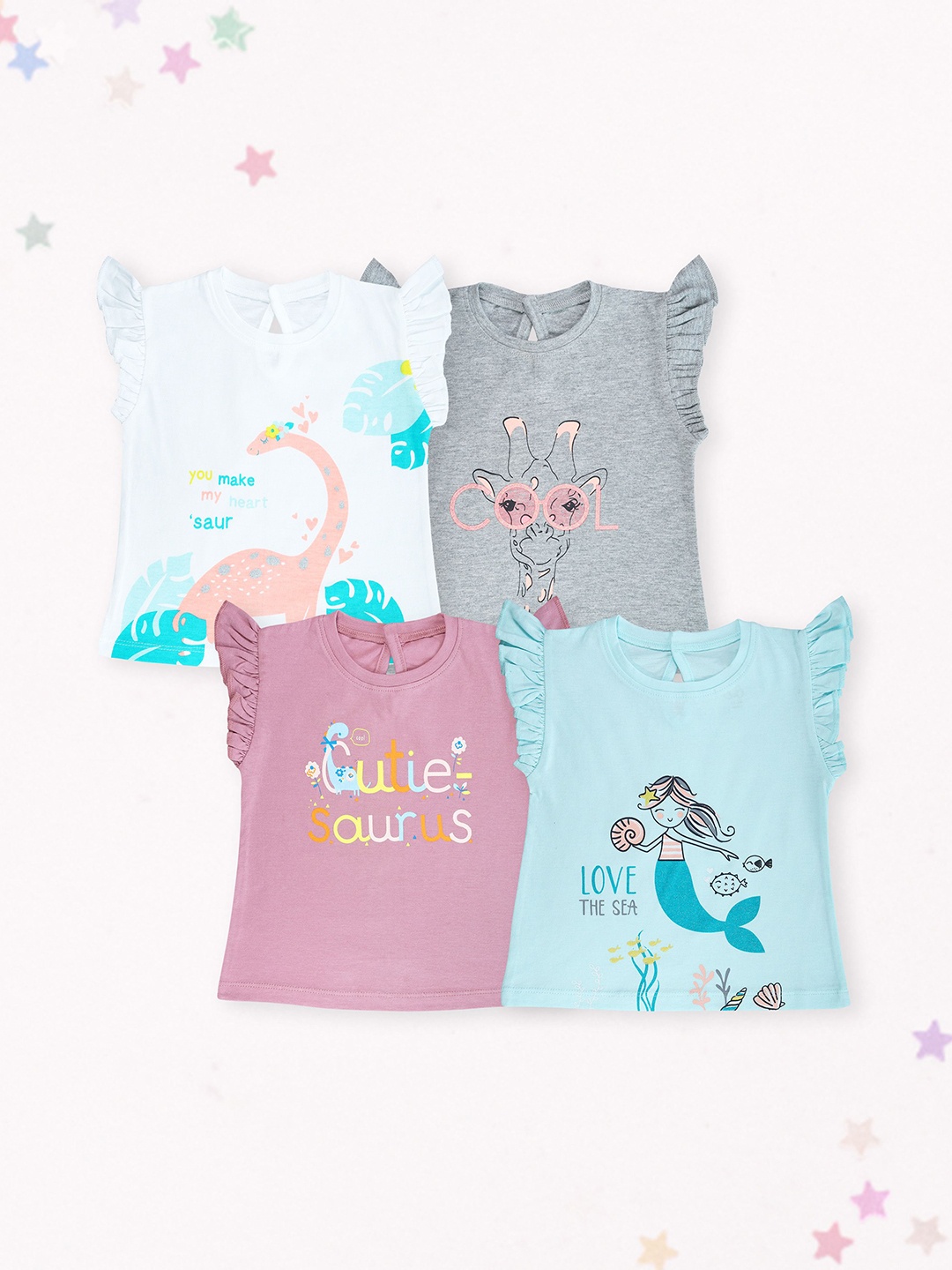 

Miss & Chief Girls 4 Printed Petal Sleeves Pure Cotton Applique T-shirt, Multi