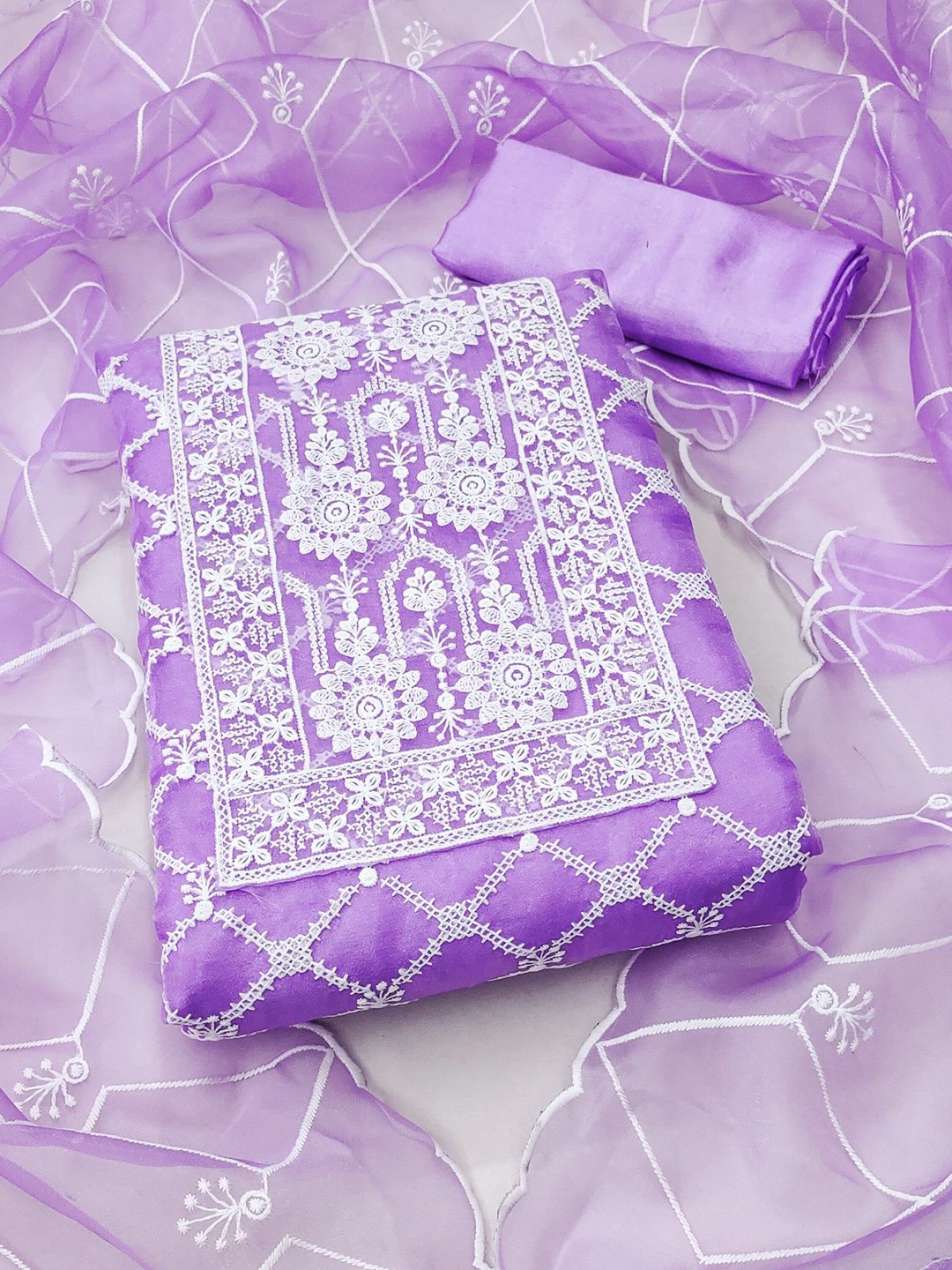 

Rangtulika Ethnics Floral Embroidered Organza Unstitched Dress Material, Lavender