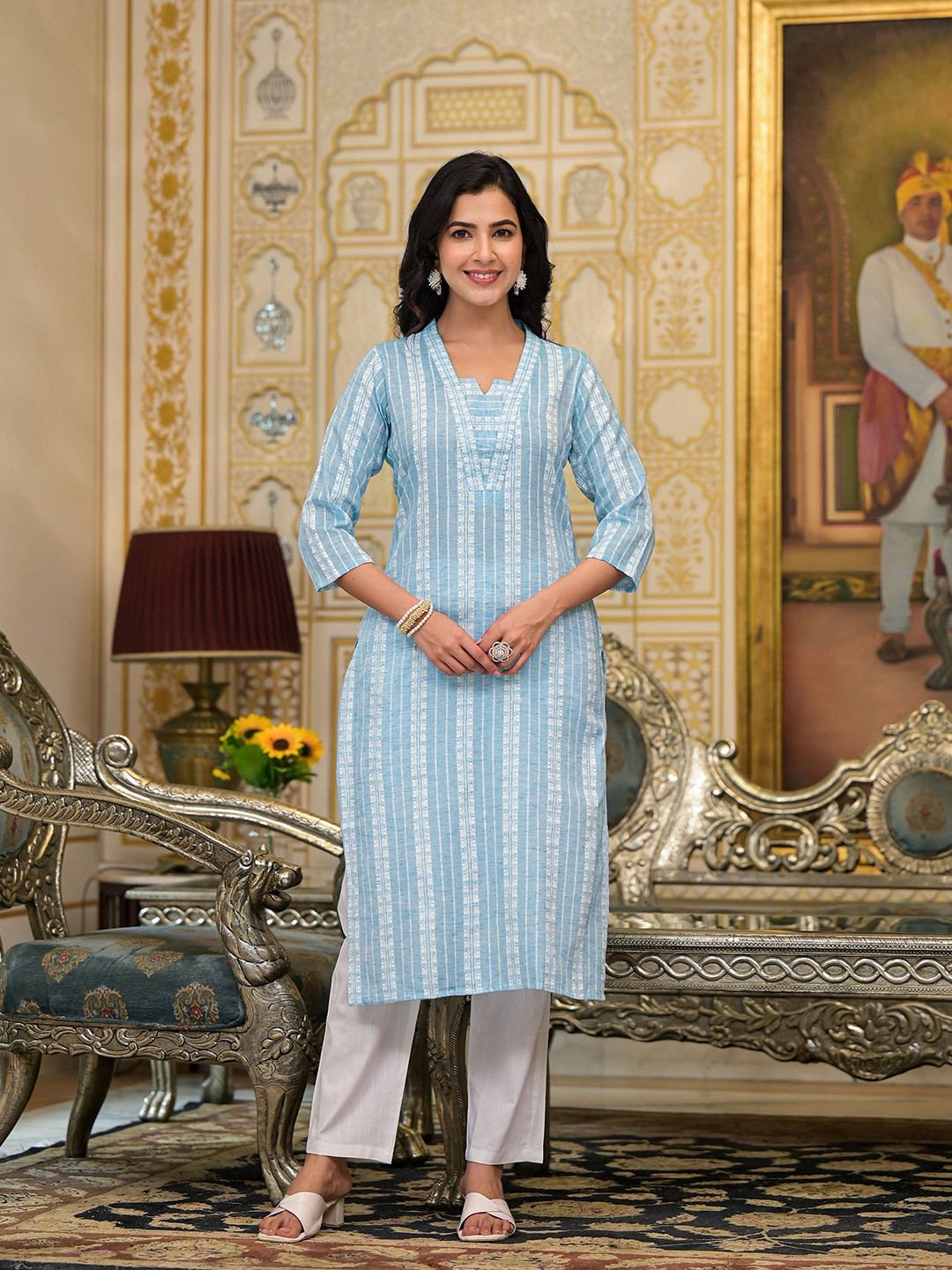 

The Hope Floral Printed Pure Cotton Kurta with Trousers, Blue