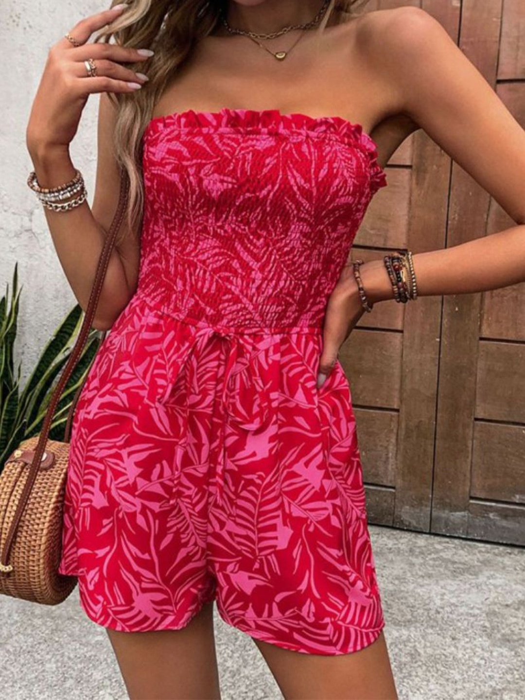 

HERE&NOW Off-Shoulder Printed Basic Jumpsuit, Pink