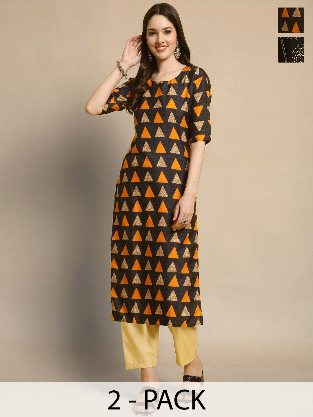 

Moda Rapido Selection of 2 Geometric Printed Straight Kurtas With Trousers, Black