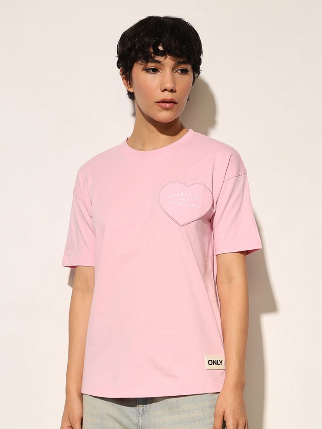 

ONLY Women Typography Printed Drop-Shoulder Sleeves T-shirt, Pink