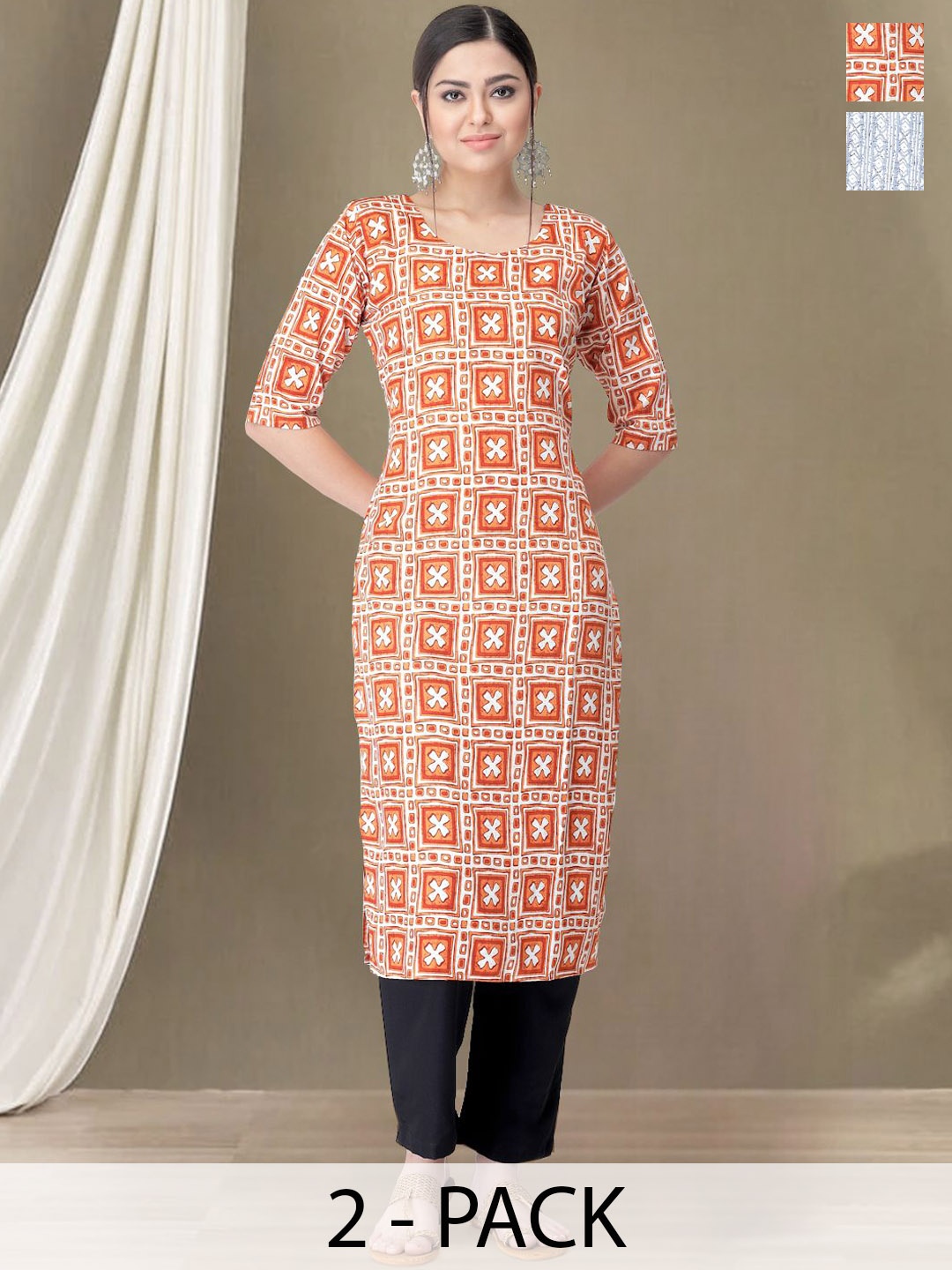

Moda Rapido Selection Of 2 Geometric Printed Round Neck Straight Kurtas With Trousers, White