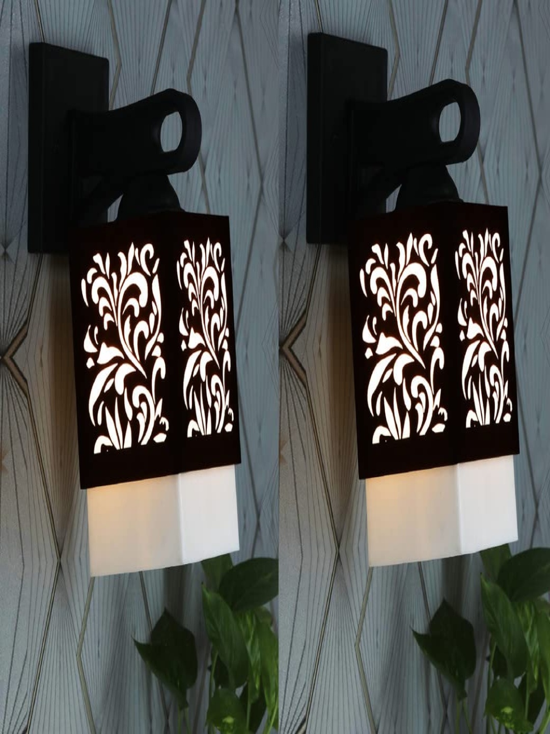 

Gojeeva Black & White 2 Pieces Textured Wooden Square Shaped Wall Lamps